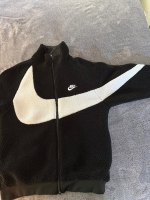 Nike Black Big White Swoosh Reversible Full Zip Boa Jacket Size L