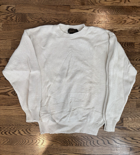 Vintage Eddie Bauer 100% Cotton Sweater Size S Ivory Boat Knit Made in USA