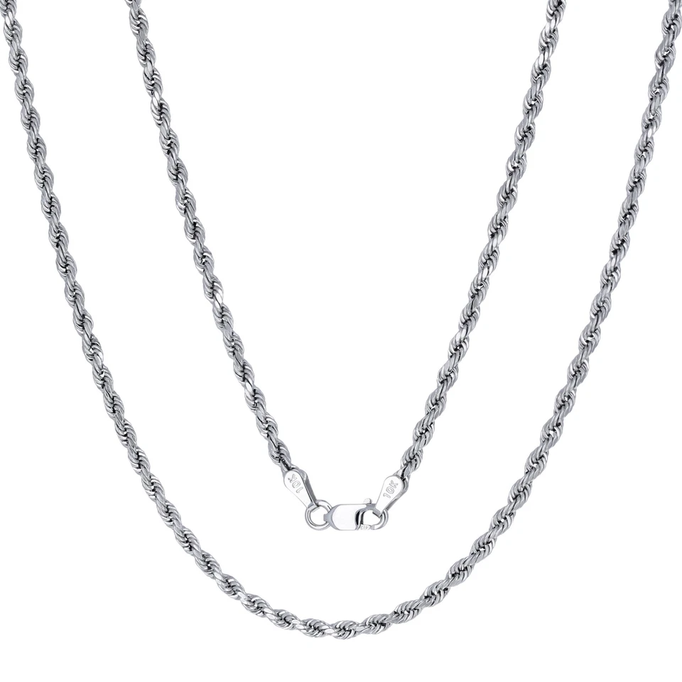 10K White Gold 2.5mm Diamond Cut Rope Chain Link Necklace Mens Womens 20"