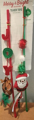 #ad Christmas TEASER Toys for Cats 2 Wands with Bells Feathers Catnip Fuzzy Balls $9.90