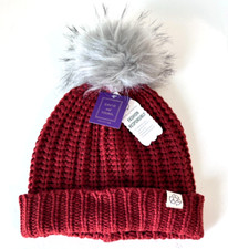 Rust Knit Winter Thick Warm Beanie hat with Faux Fur Pom Stretchy N