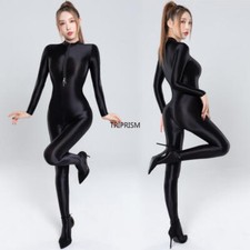 Women's Shiny Wet Look Catsuit Satin Glossy Bodysuit Zipper Open Crotch Jumpsuit