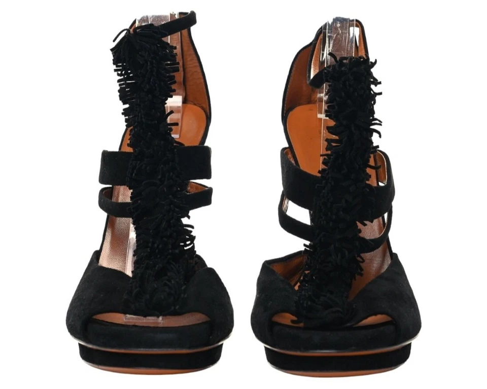 Gucci Womens Black Suede Fringe Wrapped Heel Youma Platform Sandals Size US 10.5 - Image 4 of 4