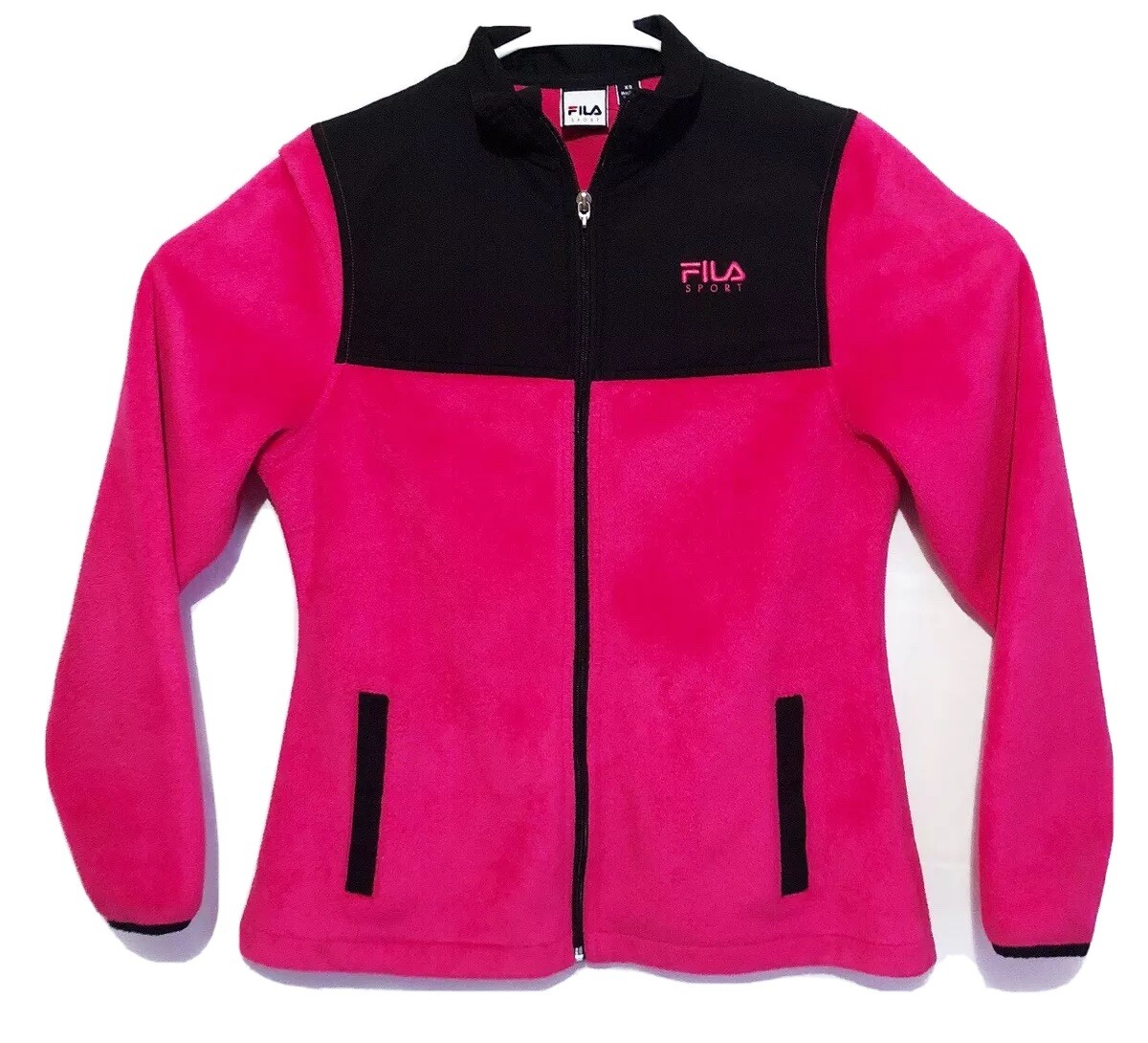 Giacca donna vintage Fila Sport rosa nero pile full zip taglia XS