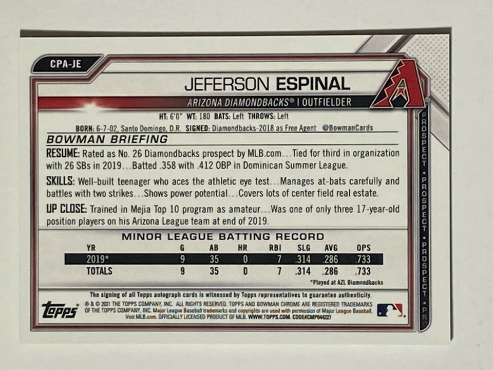 2021 BOWMAN CHROME JEFERSON ESPINAL CANARY YELLOW AUTO SP ROOKIE CARD # 31/75 - Image 2 of 2