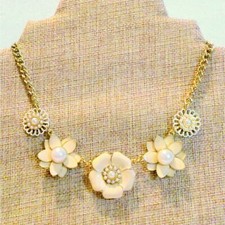 Gold Tone Cream Enamel and Faux Pearl Flower Statement Necklace