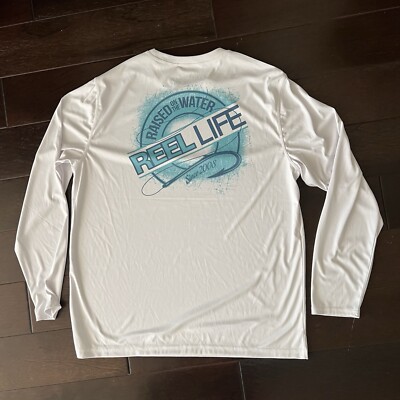 Reel Life Fishing Shirt Long Sleeve Mens Large White Raised On The Water EUC