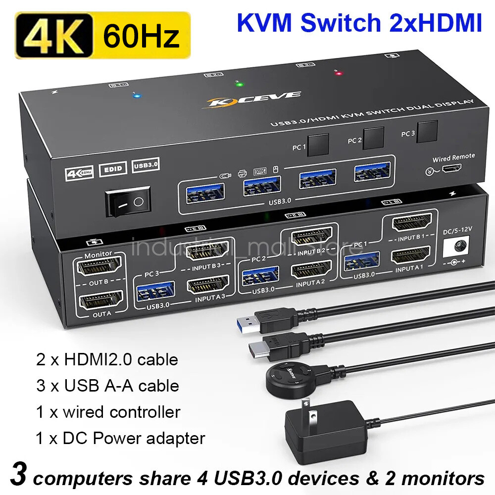 Ultra HD 4K KVM HDMI Switch USB 3.0 Dual Monitors 3 Computers Display Adapter