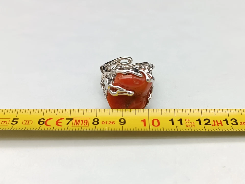Anello donna vero corallo rosso italiano argento bianco 925 fascia regolabile - Immagine 3 di 4