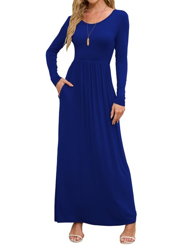 Maxi Dress for Women Dark Blue X-Large Crewneck Long Sleeves Wedding Guest A-...