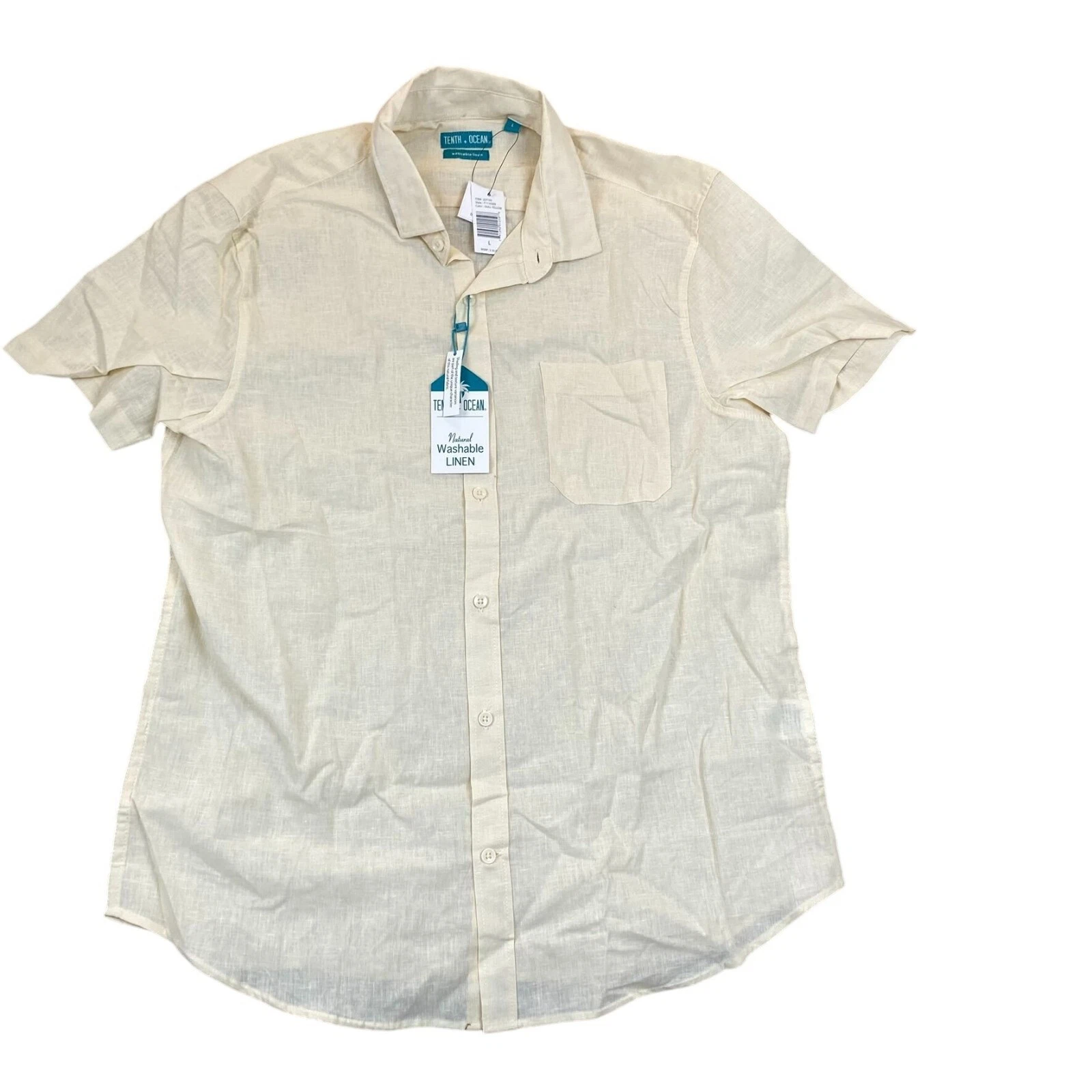 Tenth + Ocean Mens Shirt Large Short Sleeve Button Up Dull Yellow Washable Linen
