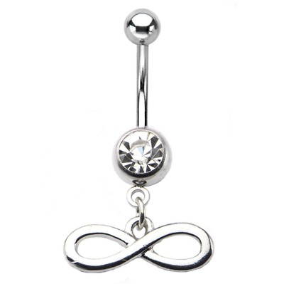Belly Ring Infinity Symbol Sign w/Clear Gem Dangle Naval Steel 