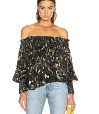 Alexis Botanical Black Elsa Top Size M Floral Smocked Asymmetrical Off Shoulder