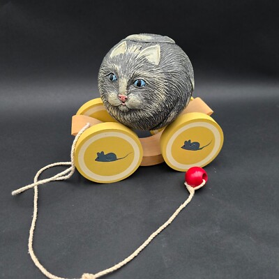 Briere Studio Folk Art Roly Poly Pull Toy Gray Cat Ball on Cart 1988 Vintage Toy