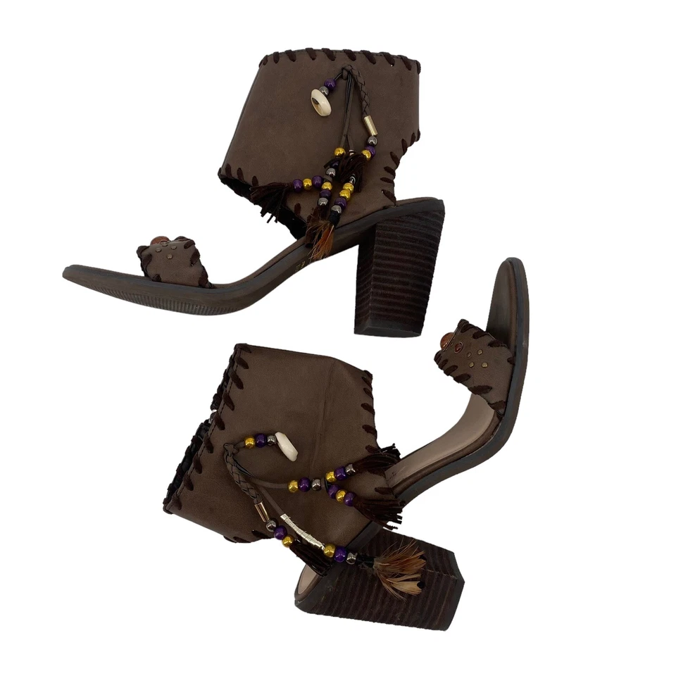 Sandalia de Tacón Volátil Talla 9 Marrón Cuentas Borlas Flecos Occidentales Vaquera Boho Foto 3 de 4