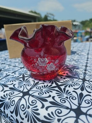 Vtg Fenton Ruby Red Double Crimped Holly Glass Rose Bowl Hand Painted Signed 4''