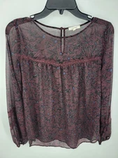 Pleione Anthropologie Top Womens Small Maroon Floral Sheer Long Sleeve Boho