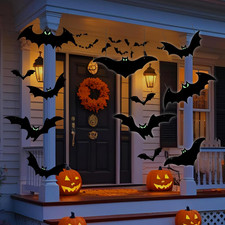 Hanging Bats Halloween Decorations Outdoor - 16 Pack Glowing Eyes Large Flying B