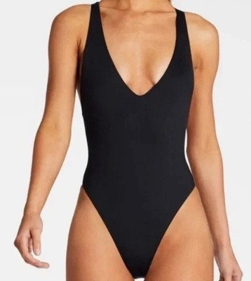  B:) Women's Alana X Back Plunge Full Ribbed Swimsuit  4 XS Black 