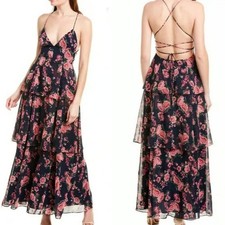 Fame Partners Wyatt Floral Tiered Chiffon Maxi Dress Blue Pink Lace Up US 12 NEW