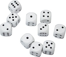 Set of 10 Six Sided Square Opaque 16mm D6 Dice White with Black Pip Die