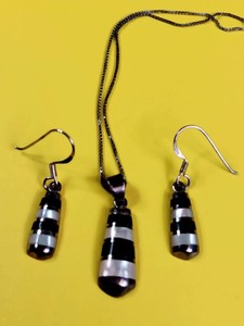 BLACK ONYX & OPAL STERLING NECKLACE & EARRINGS SET 925 - PD