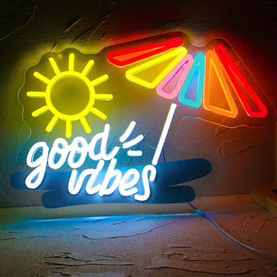 16''x11'' Good Vibes Sea Beach Sun Bar LED Neon Sign With Dimmer USB Powered Light
