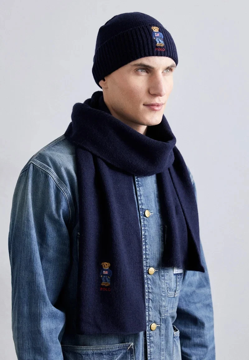 NWT Polo Ralph Lauren Mens Navy Blue Denim Bear Ribbed Knit Neck Warmer Scarf OS