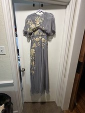 ASOS DESIGN Gray Yellow Embroidered Floral Chiffon Maxi Dress Short Sleeve US 4