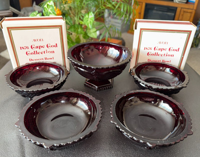 Avon Ruby Red Glass Cape Cod Candy Dish & Dessert Berry Bowls,  Set of 4