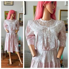    Vtg 80s Pink White Lace Romantic Prairie Cottagecore Tea Dress Ruffle Dress S