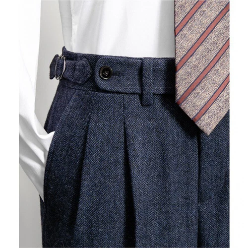 Retro Men's Tweed Herringbone Pants Woolen Casual Business Trousers Slim Fit UK - Picture 3 of 23