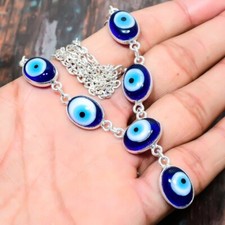 Blue Evil Eye Gemstone Handmade 925 Sterling Silver Birthstone Jewelry Necklace