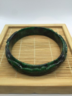 Chinese Gift Vintage Carved Green Burma Jade Bangle bracelet (JFB75）