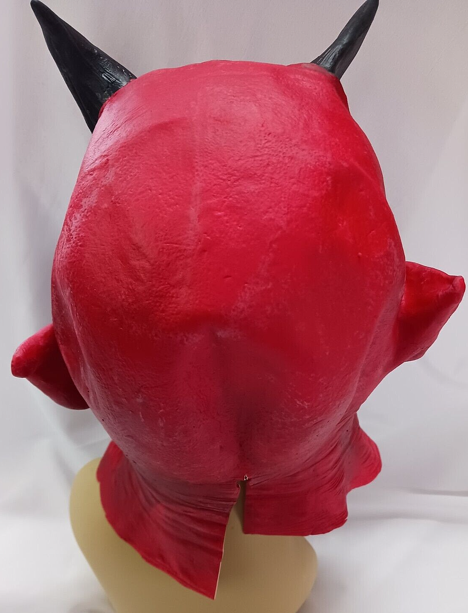 LATEX DEVIL SATAN HALLOWEEN FULL COVER RED MASK HORNS ZADIN