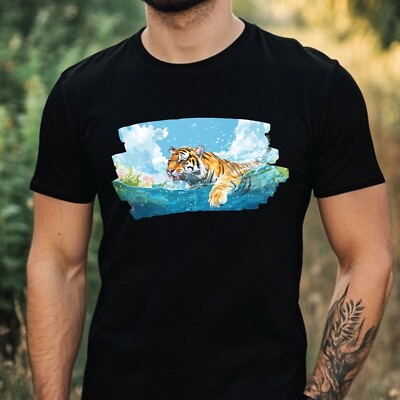 Herren T-Shirt Tiger schwimmt im Ozean Motiv Baumwolle Größe XS bis 5XL