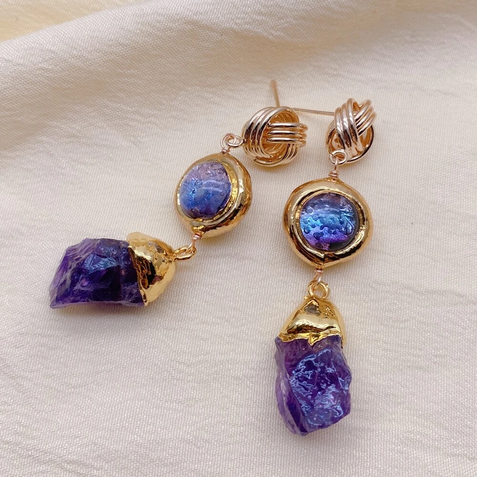 Natural Amethyst Rough Purple Murano Glass Dangle Drop Earrings Jewelry Femme - Image 3 of 4