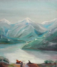 Antique impressionist oil painting moutain lake landscape signed