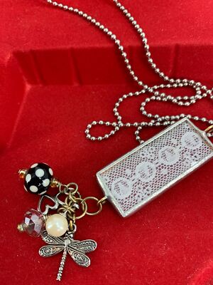 Vintage Dog Tag Charm Necklace 30'' 1638 Handmade Pendant Firefly Lace Pearl