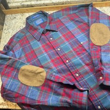 Vintage Pendleton Plaid Shirt 100% Virgin Wool XLarge Elbow Patch USA Made