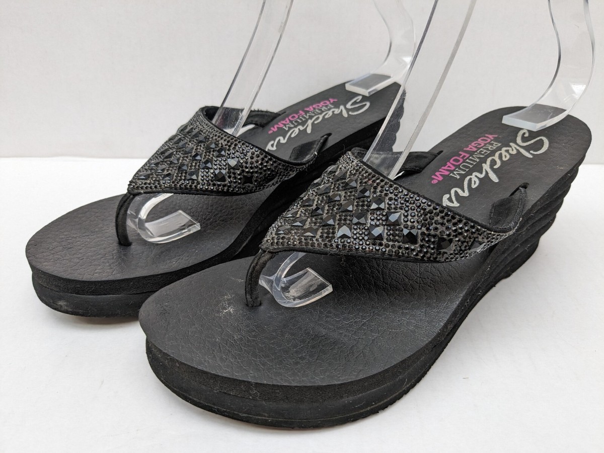 Skechers Flip Flops Yoga Foam Platform Wedge Heeled Sandals Black