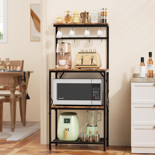 Kitchen Bakers Rack with Storage Shelves, Small Coffee Bar Table with 8 Hooks, 4