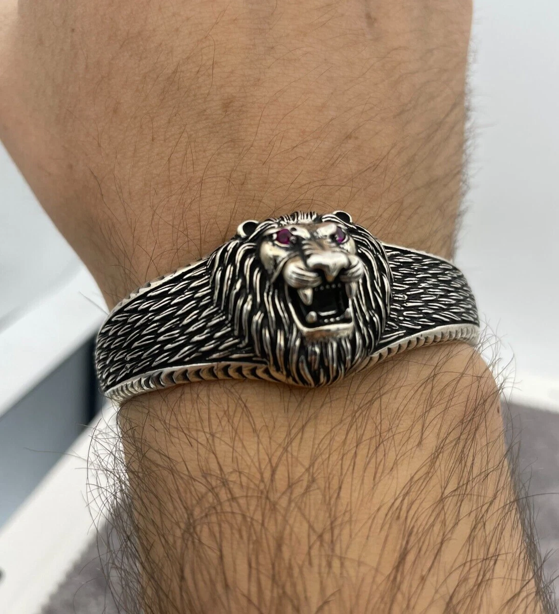 Sterling Silver Woven Tiger Head Biker Cuff Bracelet