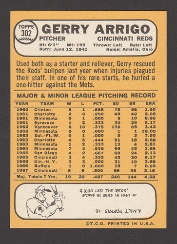 1968 TOPPS BASEBALL # 302 GERRY ARRIGO EX-MT INV A1774 - Afbeelding 2 van 2