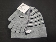 NIKE Boys Youth 8/20 2 Piece Fold over Futura Beanie Hat Gloves Set Gray