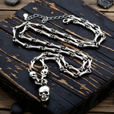 Handcrafted 925 Sterling Silver Skull Bone Gothic Biker Necklace Chain for MAN