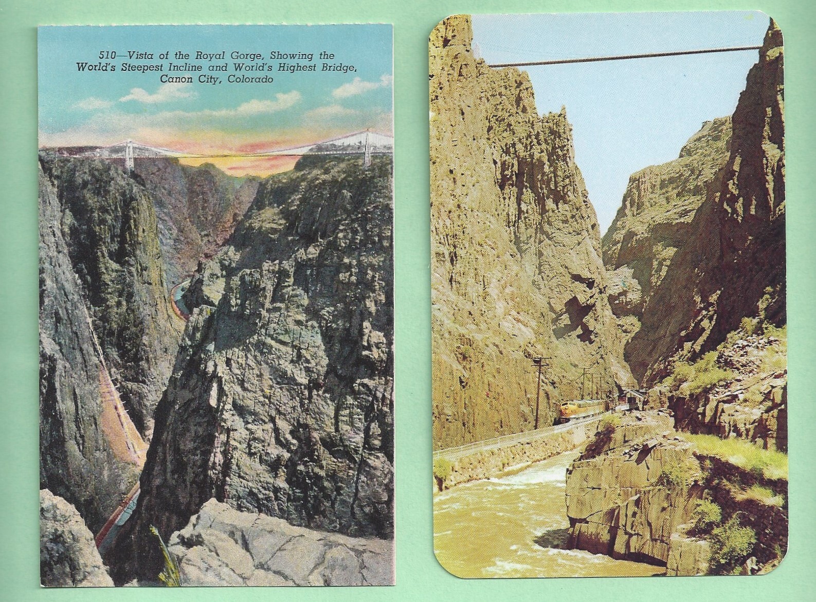 SET OF 2 ROYAL GORGE BRIDGE POSTCARDS - D&RGW RR TRAINS IN GORGE