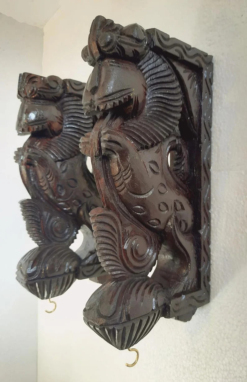 Set Of 2 wood Yali corbel Dragon Statue Wall Bracket Corbel Guardian wall Door