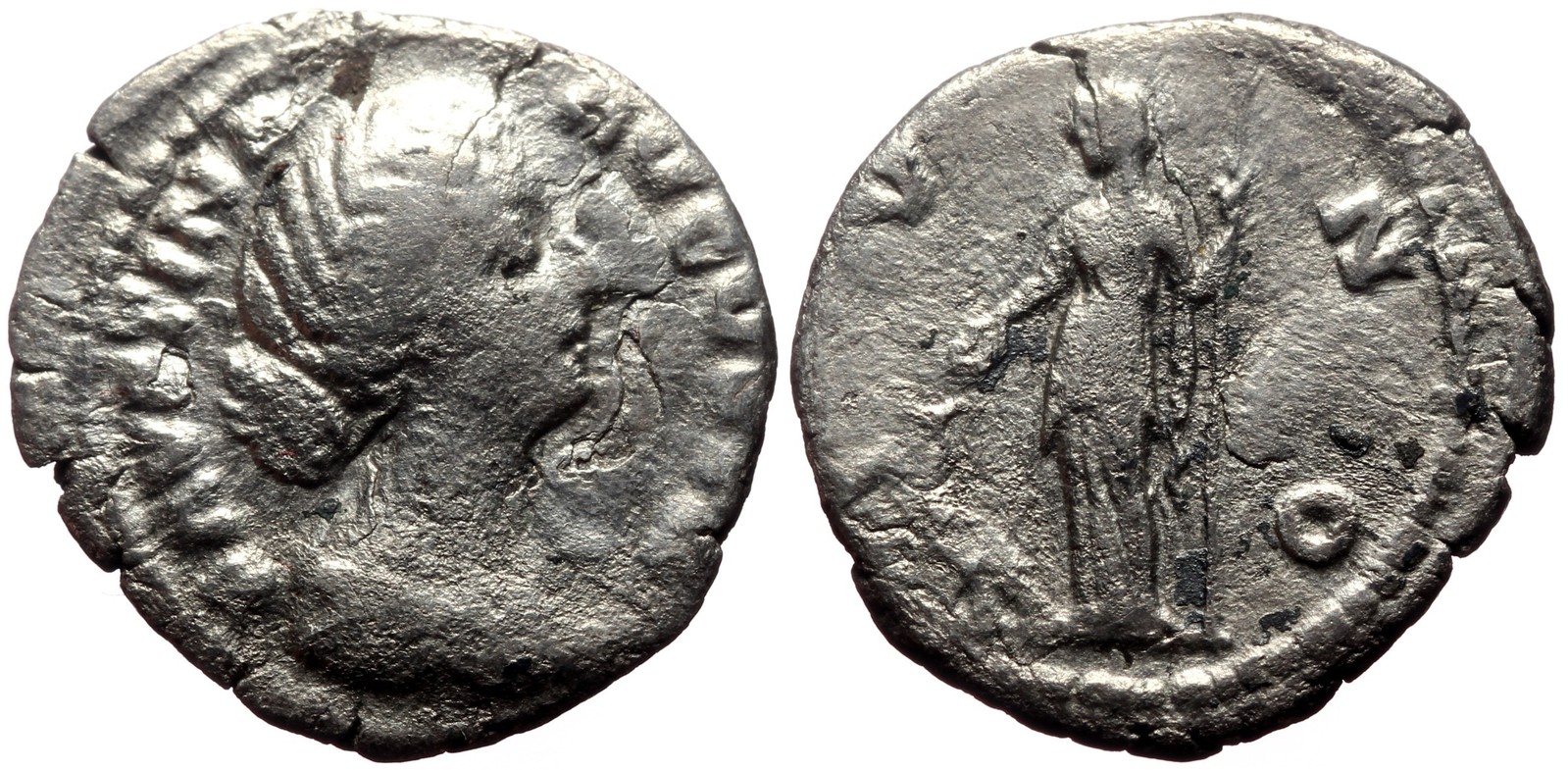 Roman Silver Denarius - Rome 161-176 AD - Faustina II and Juno