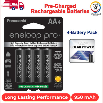 Eneloop Pro AA Rechargeable Batteries 4Ct High Capacity 2500mAh NiMH Pre-Charged